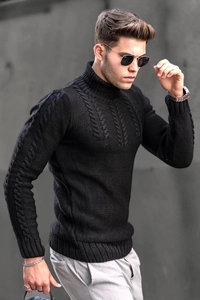 Detailed cable knit pattern on a men's slim fit black turtleneck sweater sleeve