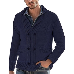 Men's navy blue double-breasted knit cardigan with a shawl collar and front patch pockets