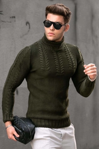 Close-up of cable knit pattern and turtle neck on men's dark green slim fit sweater
