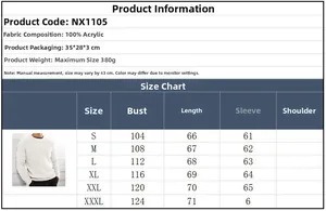 Size chart for men's casual round neck sweater showing measurements for S to 3XL sizes