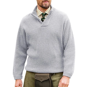 Men's light grey ribbed knit sweater with unique high neck wrap and layered collar detail