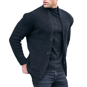 Men's black knit cardigan with stand collar, button closure and large pockets in casual style