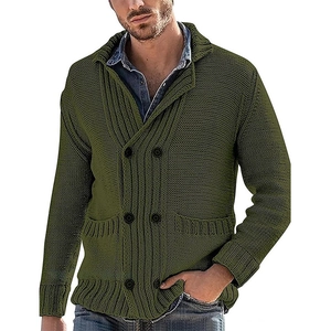 Mens olive green chunky knit double-breasted cardigan with lapel and patch pockets