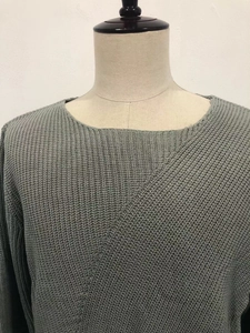 Detailed macro view of the sage green waffle knit texture and neckline of the men sweater