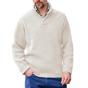 Detail of V-neck knitted sweater with vertical stripes and ribbing on white background