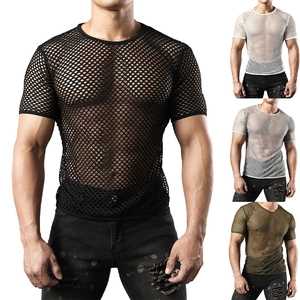 Men's Summer Mesh Hollow Out T-Shirt Slim Fit Breathable Round Neck Linen Blend Short Sleeve See Through Top