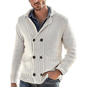 Men's off-white chunky knit cardigan featuring a double-breasted design and lapel collar