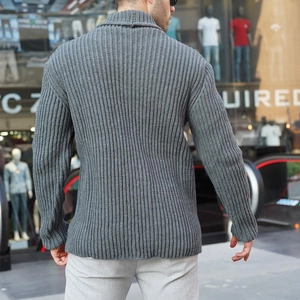 Rear view of men's dark grey chunky knit cardigan sweater with ribbed texture and collar