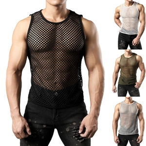Men's Mesh Tank Top Hollow Out Linen Blend Sleeveless Round Neck Breathable Casual Muscle Fishnet Vest Top For Men