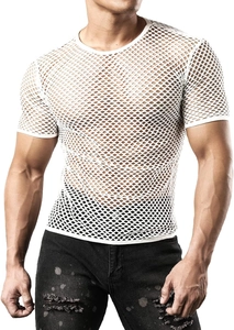 Detailed close-up of white mesh fabric texture and breathable knit pattern on men's slim t-shirt