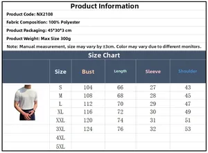 Detailed size chart for men's round neck T-shirt with measurements from S to 5XL