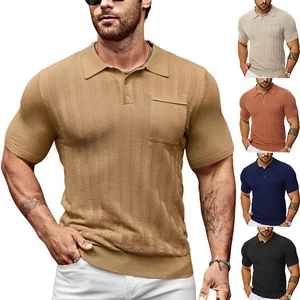 Men Ice Satin Knit Polo Shirt Short Sleeve V Neck Vertical Stripe With Pocket Regular Fit Summer Casual Breathable Tops