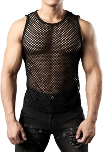 Detail shot showing the high-elastic black mesh fishnet texture on this men's sleeveless top