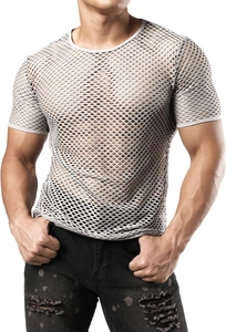 Close-up of hexagonal mesh texture on men's slim fit breathable hollow-out grey t-shirt