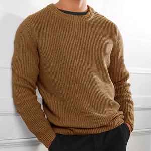 Men's casual camel crew neck sweater in textured rib-knit with classic fit styling