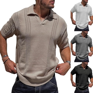 Polo da Uomo Estiva in Maglia a Maniche Corte con Scollo a V Traforata Traspirante Tinta Unita in Poliestere Maglia Casual