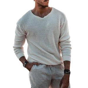 Men's loose knit V-neck sweater in oatmeal waffle pattern with long sleeves for daily wear
