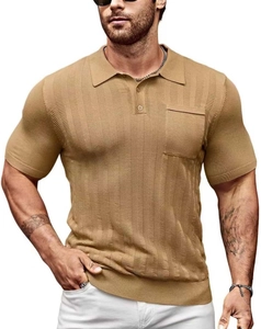 Detail of camel knit polo shirt showing textured vertical stripes and chest pocket