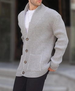 Men's light grey knit cardigan with a shawl collar and dark brown button closures
