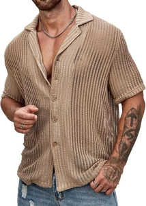 Close-up of khaki knitted button-up shirt showing the breathable hollow mesh texture