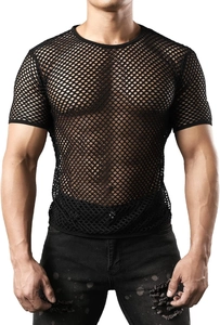 Detail of black mesh fabric on a slim fit men's round neck summer top