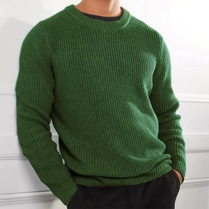 Detailed view of the dark green ribbed neckline and thick knit texture on a men sweater