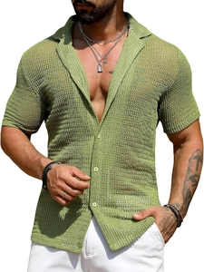 Detailed macro view of the knitted mesh texture and resin buttons on men's green summer shirt