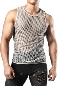 Detailed view of the breathable white fishnet mesh fabric and neckline on a men's vest