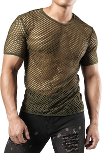 Detail of army green mesh top showing breathable hole texture and hem stitching on short sleeve