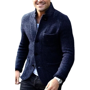 Men's dark blue marl knit cardigan jacket with patch pockets and casual lapel collar