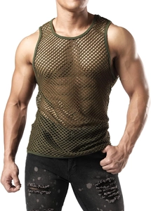 Detail of army green mesh tank top showing breathable large hole fishnet texture for men