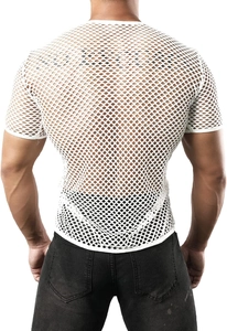 Detailed back view of men's white mesh short sleeve top with breathable镂空texture