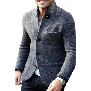 Men's casual knit stand collar cardigan jacket with patch pockets in grey tweed texture