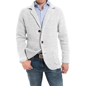 Light grey waffle knit cardigan sweater with notch lapel and patch pockets for men