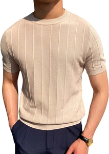 Detailed texture of men's beige knitted short sleeve tee with vertical ribbed pattern