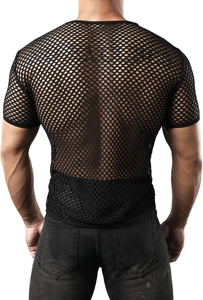 Rear view of black mesh t-shirt showing the large hollow knit and slim fit on male model