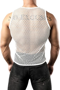 Detail view of the back of a men's white mesh tank top with hollow knit texture
