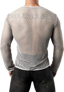 Back view of men's hollow mesh long sleeve shirt showing breathable fishnet texture