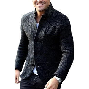 Men's casual knit cardigan jacket with stand collar and pockets in dark grey melange