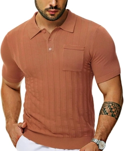 Close-up of brick red knit polo shirt featuring vertical texture and chest pocket detail