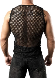 Macro detail of breathable large-hole black mesh fabric on men's athletic vest
