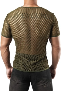 Detail of olive green mesh knit texture on a men's slim fit hollow-out short sleeve top
