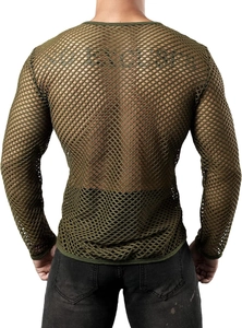 Rear view of olive green mesh knit top showing hollow out texture and breathable fabric