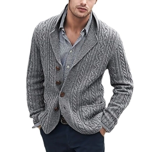 Men's grey cable knit cardigan sweater featuring a classic shawl collar and button closure