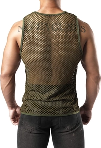 Close-up of olive green mesh tank top back featuring breathable hollow-out weave fabric