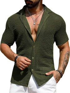Close-up of dark green knitted mesh fabric texture on men's short sleeve shirt