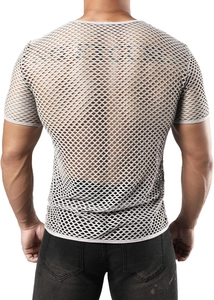 Detail view of men's grey hollow mesh t-shirt featuring breathable large grid knit fabric