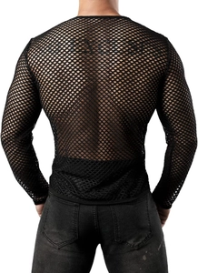 Detailed back view of men's black hollow mesh long sleeve shirt with wide knit pattern