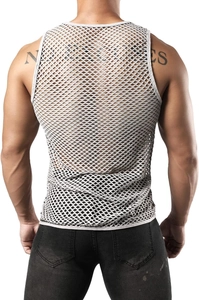 Detailed back view of a white wide-mesh breathable tank top highlighting net texture