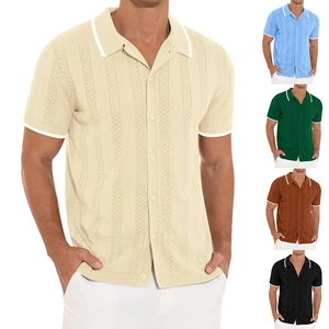 Men's Casual Knit Polo Shirt Short Sleeve Hollow Out Breathable Button Down Top Retro Style Contrast Trim Knitwear